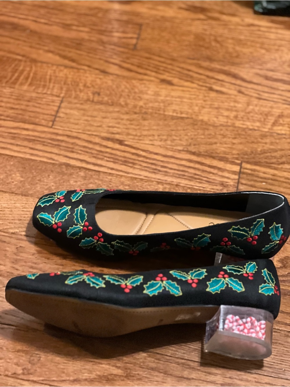 J.Renee Black Holly Embroidered Ballet Flats with Red Berry Detail